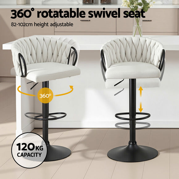 Artiss Bar Stool x2 Kitchen Dining Chair Counter Gaslift Woven Velvet Ivory