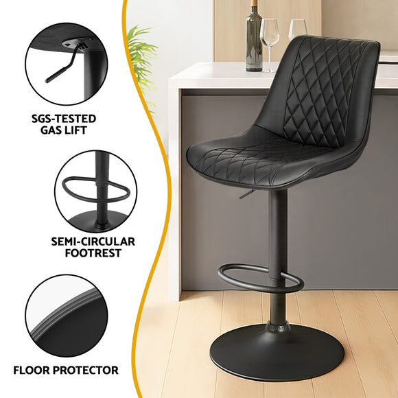 Artiss 2x Bar Stools Kitchen Swivel Gas Lift Counter Chair Diamond Leather Black