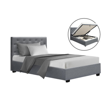 Artiss Vila Bed Frame Fabric Gas Lift Storage - Grey King Single