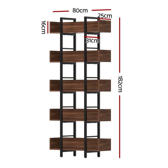 Artiss Bookshelf 5-Tier Bookcase Display Shelves Metal Storage Stand Rack Walnut