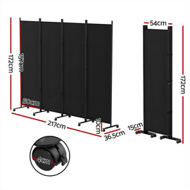 Artiss 4 Panel Room Divider Screen 217cm Wheel Fabric Black - 0