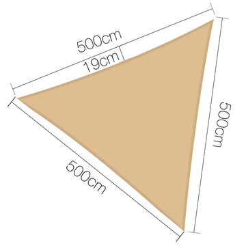 Instahut Shade Sail 5x5x5m Triangle 185GSM 95% Sand Shade Cloth - 0