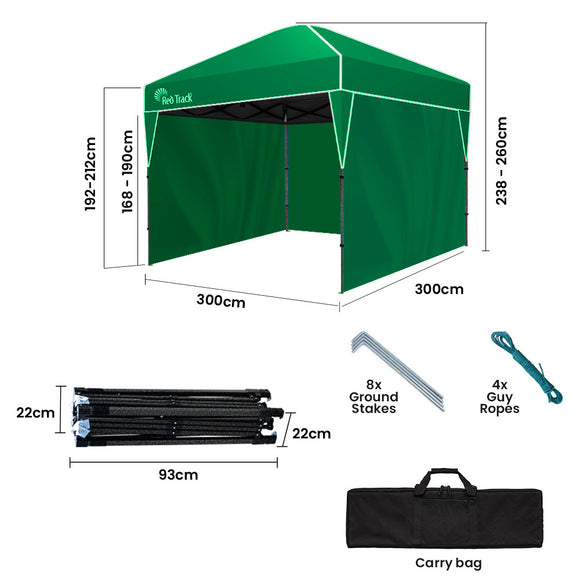 RED TRACK 3x3m Ultra Compact Folding Gazebo, Walls, Carry bag, Portable Outdoor Popup Marquee for Camping Beach, Green