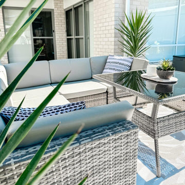 8PC Outdoor Dining Set Wicker Table & Chairs-Grey - 0