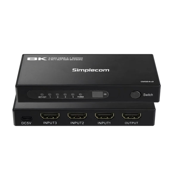 Simplecom CM324v2 4-Port HDMI 2.1 Switch with Remote 4 IN 1 OUT Splitter HDCP 2.3 8K@60Hz