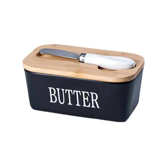 Butter Box with Knife Rectangular Cheese Container with Wooden Lid for Kitchen - Red