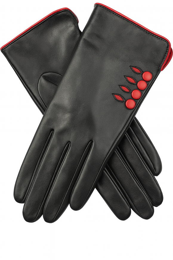 Dents Womens Leather Gloves w/ Button Detail Piped Cuff & Silk Feel Lining - Black/Berry - Large