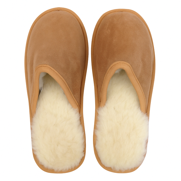 Sheepskin Wool Mens Slippers Scuffs Slip On Winter Ugg Slippers in Chestnut - 7