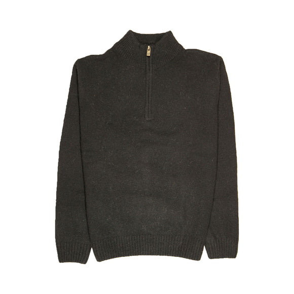 100% SHETLAND RAGG WOOL Half Zip Up Knit JUMPER Pullover Mens Sweater Knitted - Plain Black - XXL