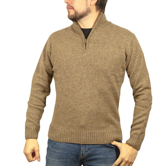 100% SHETLAND RAGG WOOL Half Zip Up Knit JUMPER Pullover Mens Sweater Knitted - Nutmeg - S