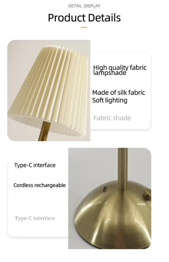 Red Elegant Pleated Fabric Table Lamp - 3-Color LED, USB Rechargeable, Touch Dimming