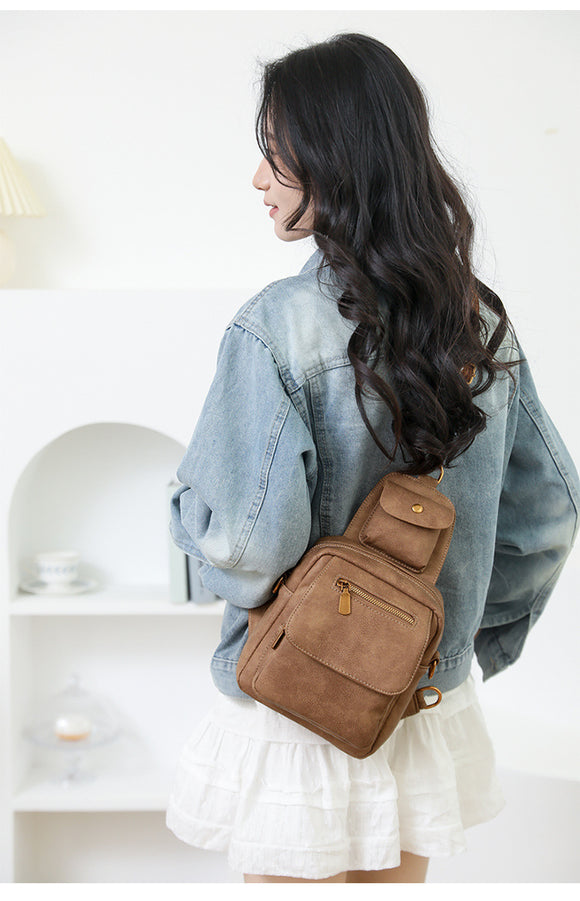 Black Stylish PU Leather Sling Crossbody Bag for Women - Multi-Pocket Chest Pack with Adjustable Wide Strap