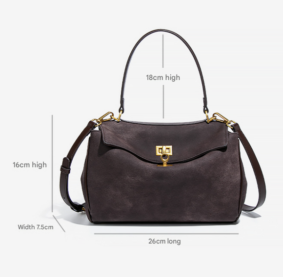Coffee Women's Vintage Suede Satchel Bag - Elegant Top Handle Purse with Gold Lock