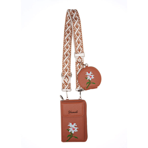 Brown Chic Floral Embroidered 2-in-1 Crossbody Phone Bag with Coin Purse