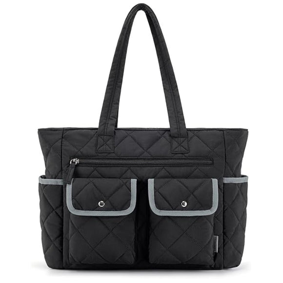 Black Women's Multi-Pocket Tote Bag - Large Quilted Travel Handbag for Work, Gym, and More