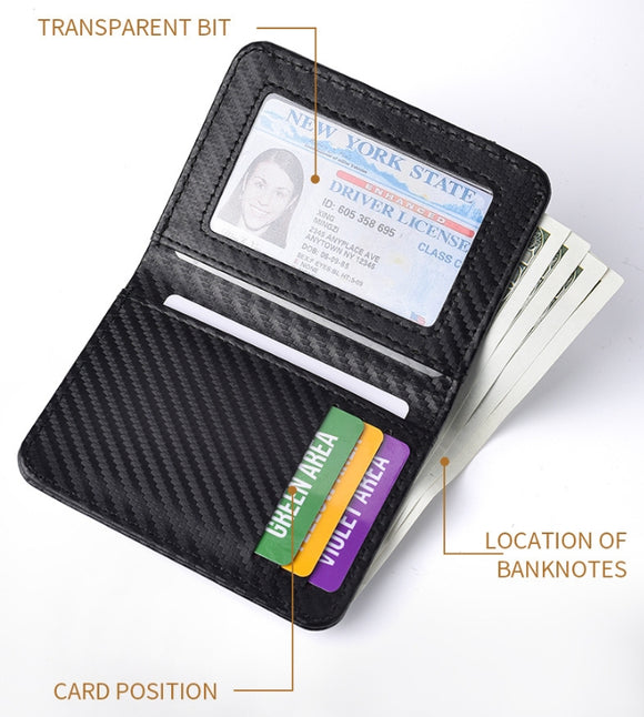 Black Sleek Carbon Fiber Vertical Wallet for Men - Slim Bifold Card Holder with Clear ID Window