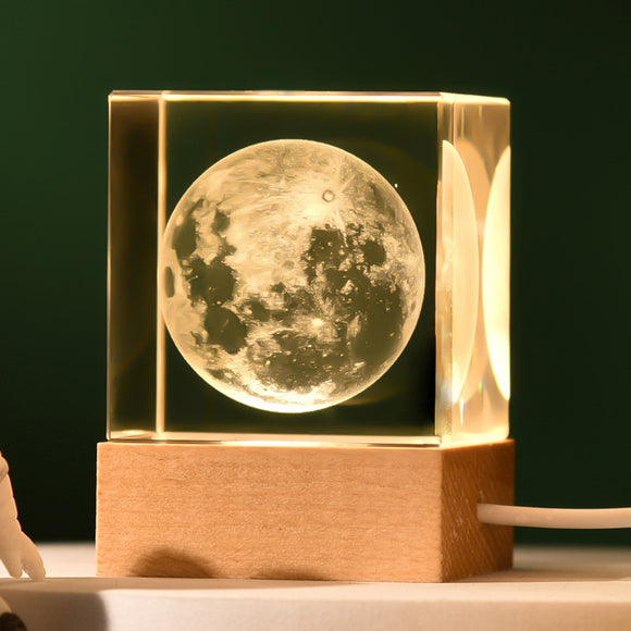 The Moon Luminous 3D Crystal Cube Night Light - Laser Engraved Artwork with Solid Wood Base