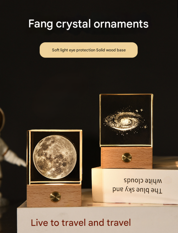 The Moon Luminous 3D Crystal Cube Night Light - Laser Engraved Artwork with Solid Wood Base