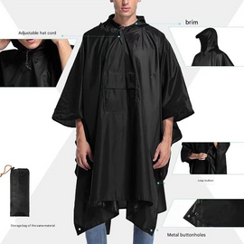 Black 3-in-1 Multifunctional Outdoor Rain Poncho - Ground Mat & Shelter - Lightweight & Waterproof for Hiking & Camping - 0