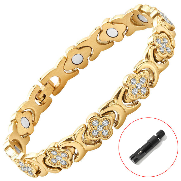 Rose gold New Fashion Lightweight Luxury Four-Leaf Clover Diamond Inlaid Bracelet - Alloy Magnetic Watch Band Style Bracelet for Women + Free Disassembly Tool