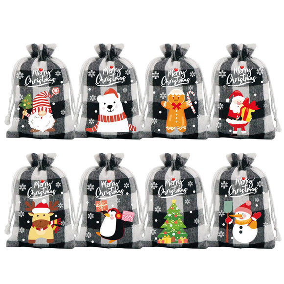 Black and white checkered Christmas Gift Drawstring Bags Set - Festive Burlap Style Pouches for Candy & Apples - Holiday Decoration - 10 Pcs