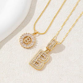 Sparkling Cubic Zirconia Initial Letter Necklace Set - Gold Plated Two-Piece Design(B)