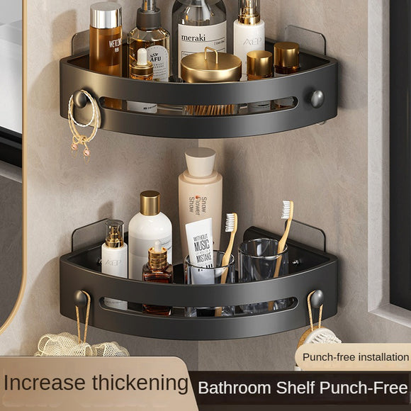 Three layers of elegant black Premium No-Drill Corner Shower Caddy - Thickened ABS Bathroom Storage Shelf with Hooks, Quick Wall Mount Organiser