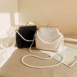 Black Elegant Vintage Kiss-Lock Purse with Pearl Straps - Textured Frame Clutch Bag - 0