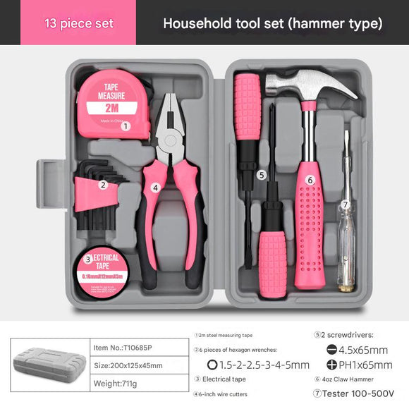 13-Piece Essential Household Tool Kit - Compact Home Repair & DIY Set with Storage Case(pink)