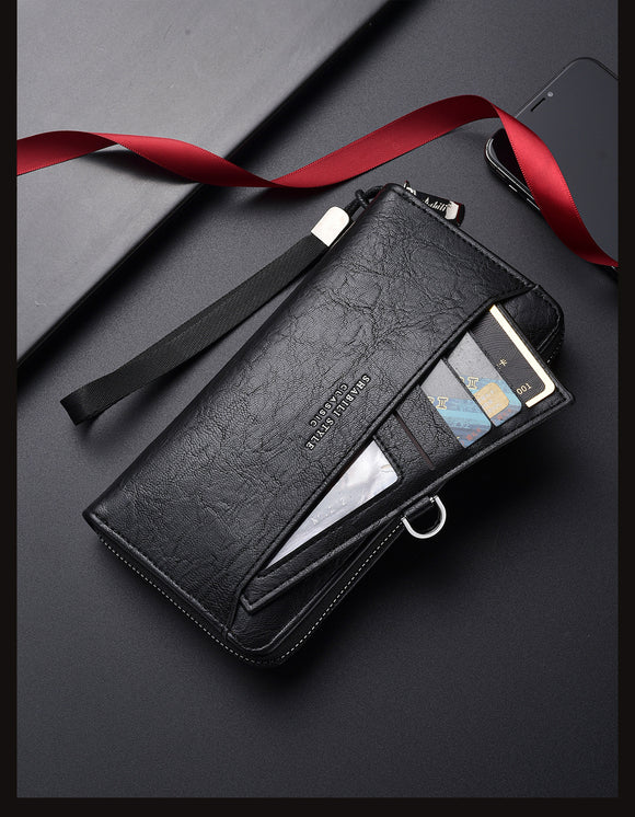 Coffee Classic Long Zipper Wallet Clutch - Large Capacity PU Leather Phone & Card Holder with Wrist Strap