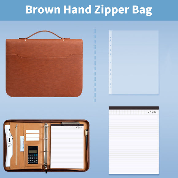 Professional PU Leather A4 Portfolio Binder with Zipper, Handle, Calculator & Clipboard(brown)