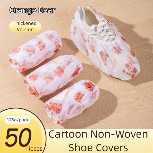 50 Pieces Thickened Non-Woven Disposable Shoe Covers (Orange Bear) – Universal Fit (EU Size 34-45) for Guests & Floor Protection
