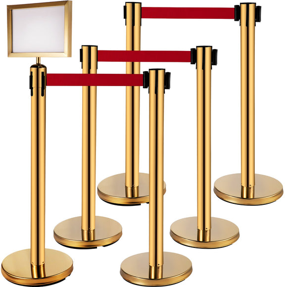 VEVOR Stanchion Post Barriers 6-Set Line Dividers, Stainless Steel Stanchions with 6.6 Red Retractable Belts, Stanchions with One Sign Frame, 34.6 Queue Safety Stanchions (Gold)
