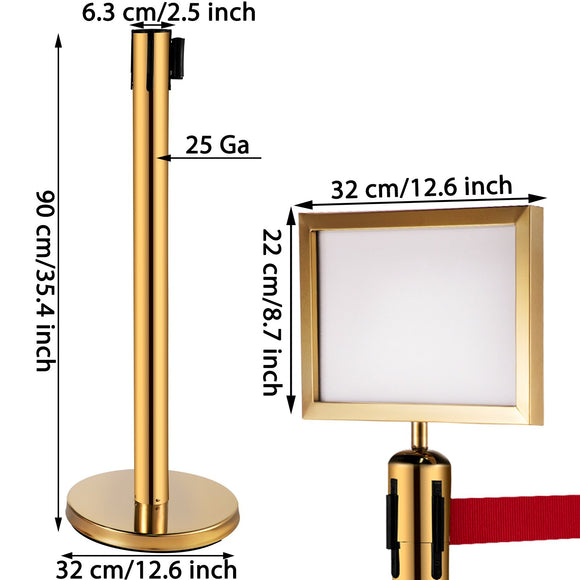 VEVOR Stanchion Post Barriers 6-Set Line Dividers, Stainless Steel Stanchions with 6.6 Red Retractable Belts, Stanchions with One Sign Frame, 34.6 Queue Safety Stanchions (Gold)