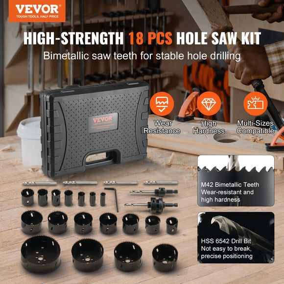 VEVOR Hole Saw Kit, 18 PCS Saw Blades, 6 Drill Bits, 1 Hex Wrench, Bi Metal M42 Hole Saw Set with Carrying Case, General Purpose Size from 3/4" to 4-1/2", Ideal for Wood Board, Iron and Plastic Plate