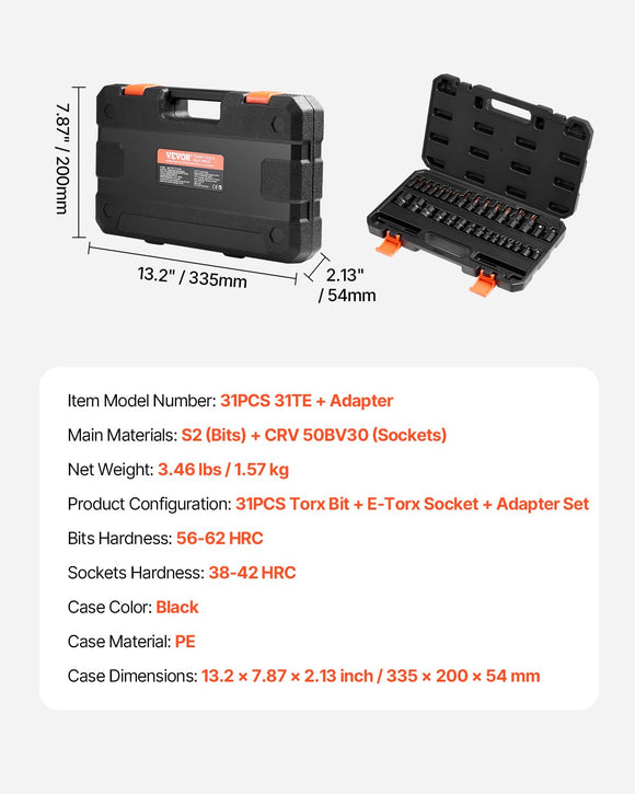 Torx Bit Socket and External Torx Socket Set 31-Piece T8-T70 and E4-E24 Steel