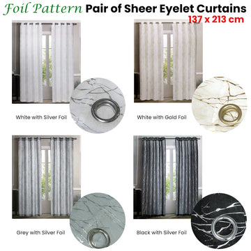 Pair of Sheer Eyelet Curtains Black with Silver Foils 137 x 213 cm - 0