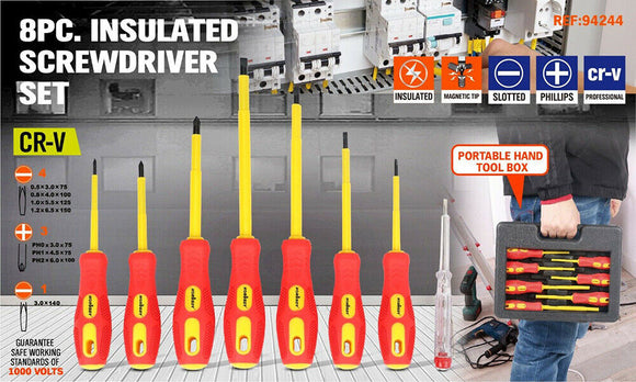 8Pc Insulated Screwdriver Set Magnetic Slotted Phillips Electricians With Case