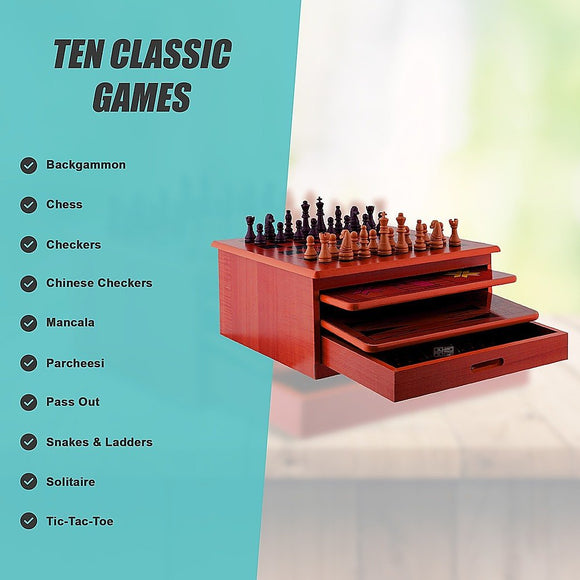 10 in 1 Wooden Chess Board Games Slide Out Checkers House Unit Set - RnR Galore