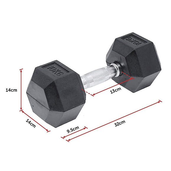 10KG Commercial Rubber Hex Dumbbell Gym Weight - RnR Galore
