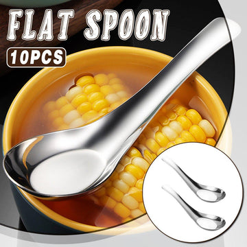 10pcs Stainless Steel Flat Bottom Spoon Household Kitchen Dining Soup Spoon Set - RnR Galore