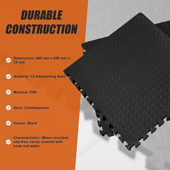 12 Tiles EVA Rubber Foam Gym Mat 60x60cm – 2.5cm Thick Fitness Flooring Set - RnR Galore