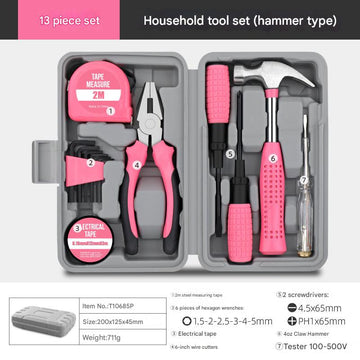 13 - Piece Essential Household Tool Kit - Compact Home Repair & DIY Set with Storage Case(pink) - RnR Galore