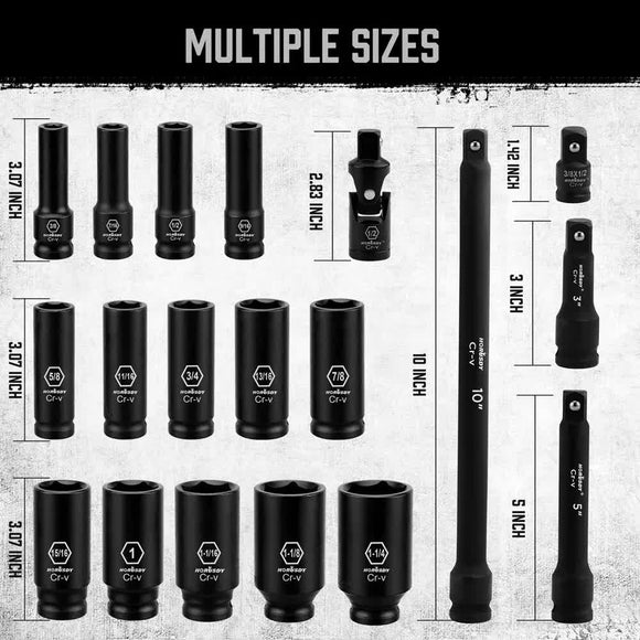 18Pc Deep Impact Socket Set Imperial / SAE Extension Flexible Adaptor 1/2" Drive - RnR Galore