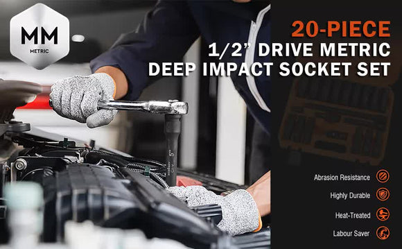 19Pc Deep Socket Set Impact 1/2" Drive Extension Bars Flexible Adapter 10 - 24mm - RnR Galore
