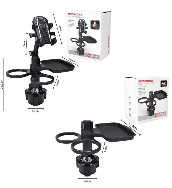 2 - Pack (2 - in - 1 Standard Version & 3 - in - 1 Pro Phone Mount Version) Car Rotating Dinner Tray & Double Cup Holder with Secure Phone Mount - Car Cup Slot Swivel Expander and Snacks & Drinks Organizer - RnR Galore
