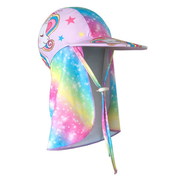 2 - Pack Girls' Sun Protection Swim Cap Set - Cute Cartoon Rainbow Horse Pattern, Quick Dry Nylon Swimming & Wading Hat - RnR Galore