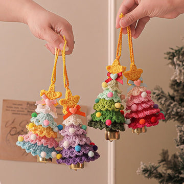 2 Pcs Style A Yellow and Pink Handmade Crochet Christmas Tree Ornament - Festive Hanging Decoration with Jingle Bell - RnR Galore