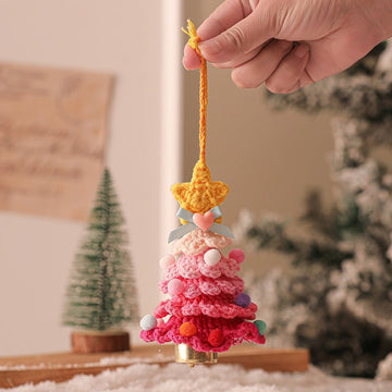 2 Pcs Style A Yellow and Pink Handmade Crochet Christmas Tree Ornament - Festive Hanging Decoration with Jingle Bell - RnR Galore
