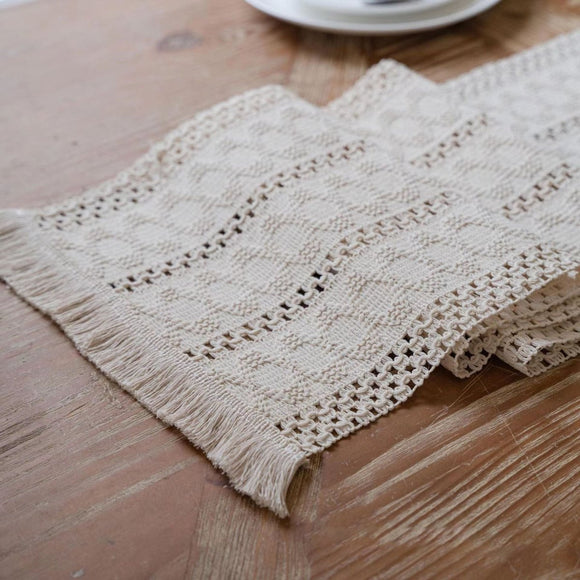 2 - PCS White Bohemian Woven Table Runner with Tassels - Rustic Farmhouse Decor for Dining & Coffee Tables - RnR Galore